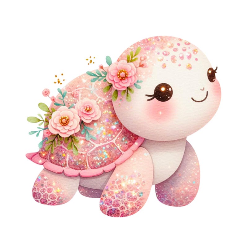 K&ouml;nnte beinhalten: Eine rosa Glitzer-Schildkr&ouml;te mit einer Blumenkrone. Die Schildkr&ouml;te hat einen glitzernden Panzer und einen s&uuml;&szlig;en Ausdruck.