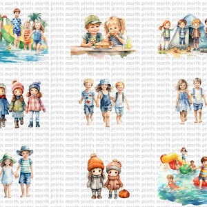 May include: A watercolor illustration of children playing outdoors. The illustration features a group of children playing on a slide, a group of children playing in a tent, a group of children holding hands, a group of children playing in a lake, and a group of children playing with a pumpkin.