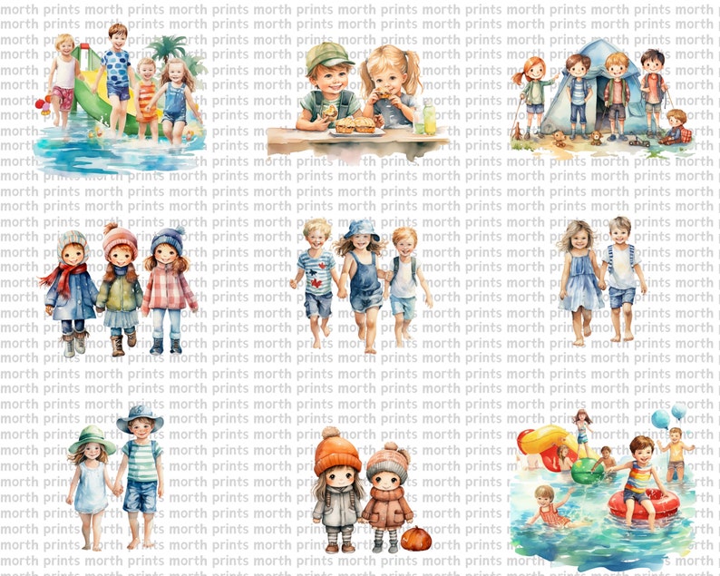 May include: A watercolor illustration of children playing outdoors. The illustration features a group of children playing on a slide, a group of children playing in a tent, a group of children holding hands, a group of children playing in a lake, and a group of children playing with a pumpkin.