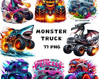 Monster Truck Clipart – 77 PNG, Extreme Trucks in Action, Birthday Party Decor, Stickers, Racing Graphics, Digital Art, Instant Download