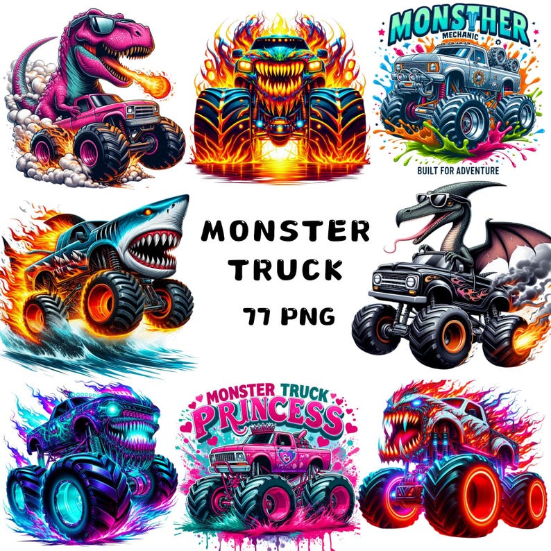 May include: A set of 10 digital illustrations of monster trucks. The trucks are decorated with flames, a shark, a dragon, and a princess theme. The illustrations are in a cartoon style and are perfect for use in digital projects.