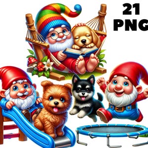 21 PNG Zwerge mit Hund, niedliche Zwerge, Tiere Clipart, Zwergenbündel, Frühlingszwerg, Hund, Illustrationen, sofortiger Download für kommerzielle Nutzung