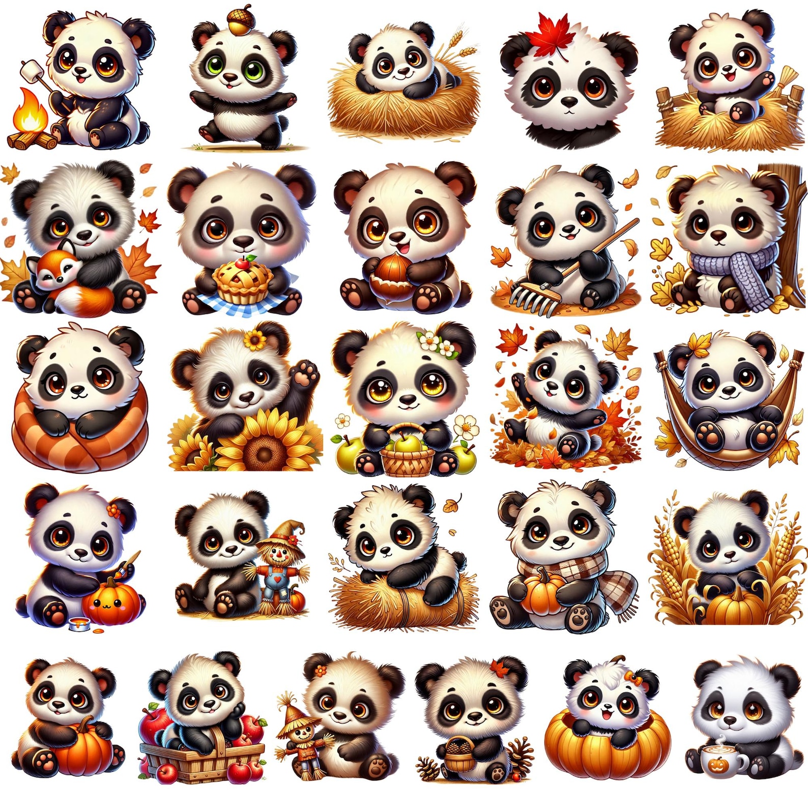Autumn Panda Clipart, Cute Animals PNG With Pumpkins Leaves and Scarves ...