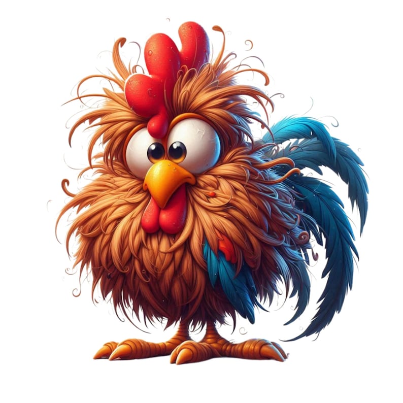 May include: A cartoon rooster with a red comb and wattle, brown feathers, and a blue tail feather. The rooster has a surprised expression and its eyes are wide open.