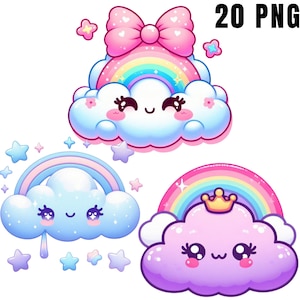 May include: A collection of three cartoon cloud and rainbow illustrations. Each cloud has a smiling face and is decorated with stars, bows, and a crown. The text "20 PNG" is in the upper right corner.