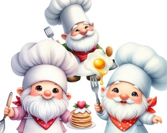 Chef Gnome Clipart, Cooking Kitchen Gnome PNG, Baking Stickers for Recipe Cards, Scrapbook, Cafe Decor, Instant Download, Commercial Use