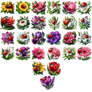 May include: A collection of 36 digital clipart images featuring ladybugs on various flowers. The flowers are in a variety of colors, including red, pink, purple, yellow, white, and orange. The ladybugs are all red with black spots.