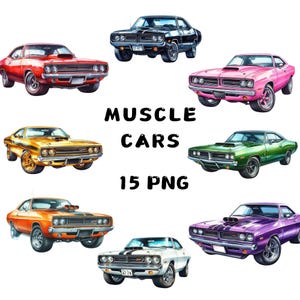 Aquarelle Muscle Car Clipart, Muscle Car classique PNG, voitures rétro des années 70, 80, Images de voitures américaines vintage, Art voiture de course, ensemble de cliparts