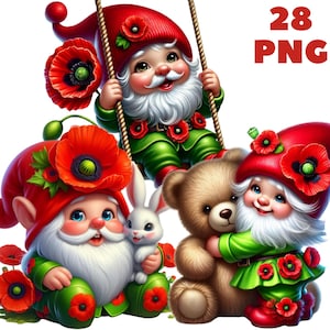 28 PNG Mohnblumen Gnome Clipart, niedliche Zwerge, Blumenzwerge, Gnombündel, Frühlingscliparts, Illustrationen, sofortiger Download für kommerzielle Nutzung
