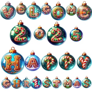 38 adornos navideños PNG con alfabeto Clipart, alfabeto PNG, , clipart navideño, , ilustraciones, descarga instantánea para uso comercial