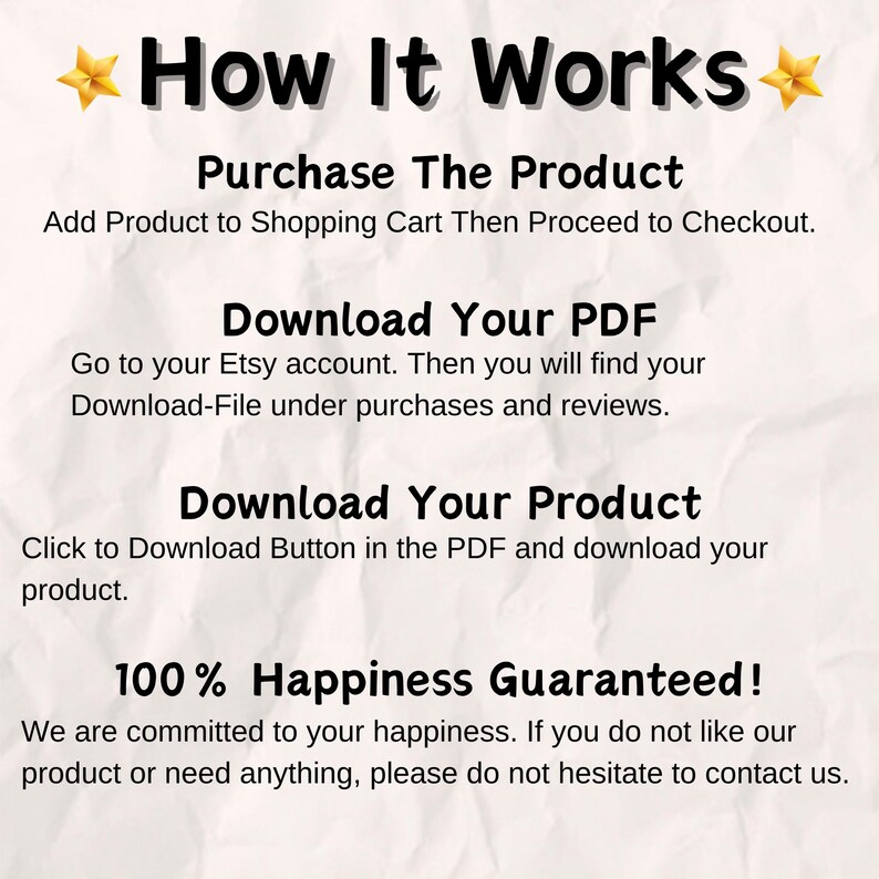 Puede incluir: Un fondo blanco con texto negro que explica c&oacute;mo comprar y descargar un producto digital de Etsy. El texto incluye las palabras "How It Works", "Purchase The Product", "Download Your PDF", "Download Your Product" y "100% Happiness Guaranteed!"