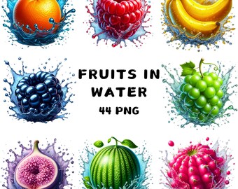May include: A collection of fruits, including a watermelon, a fig, a blackberry, a raspberry, a bunch of grapes, a banana, and an orange, are shown in a water splash. The text "FRUITS IN WATER 44 PNG" is displayed below the images.