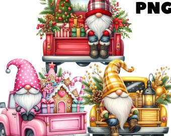 May include: Three Christmas gnomes in red, pink, and yellow trucks. Each truck is decorated with Christmas trees, candy canes, and gingerbread houses. The gnomes are wearing red, pink, and yellow hats and have white beards.