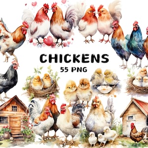 55 imágenes prediseñadas de pollos en acuarela, asador, pollitos, gallinero, nido de pollo, patio, granja, ilustraciones, descarga instantánea para uso comercial