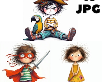Clipart de bebés peculiares en formato JPG. Ilustraciones de bebés divertidas y adorables para imprimir y hacer manualidades en la habitación de los niños. Arte infantil divertido. Descarga instantánea. Uso comercial.