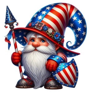 May include: A gnome wearing a red, white, and blue hat with stars and stripes, holding a spear and a shield with the American flag design.