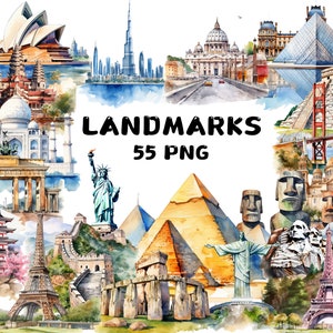 55 Marcos em aquarela Clipart, Torre Eiffel, Taj Mahal, Estátua da Liberdade, Coliseu, Ilustrações, Download instantâneo para uso comercial