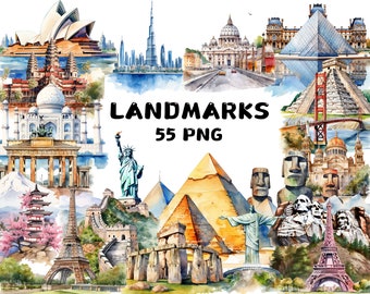 Aquarel wereld bezienswaardigheden clipart PNG, Eiffeltoren Big Ben Vrijheidsbeeld, reizen, 300 DPI, transparante achtergrond, sublimatie