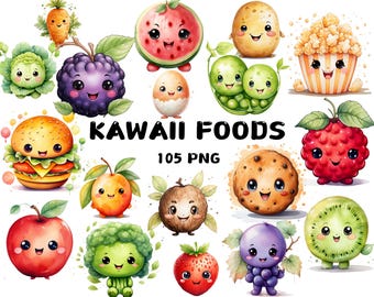 Watercolor Kawaii Food Clipart PNG, Cute Snacks & Desserts, 105 PNG Files, Transparent Background, Stickers, Sublimation, Digital Download