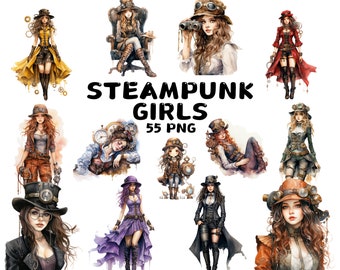 Aquarell Steampunk Mädchen Clipart PNG, viktorianische Brille & Zylinder, 55 PNG, transparenter Hintergrund, Aufkleber, Sublimation, kommerzielle Nutzung