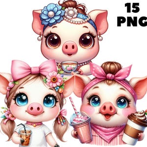 Clipart café cochon, clipart café, aquarelle porcelet mignon animal de la ferme, Bandana fille, imprimable, Pastel mignon bébé cochon, fabrication de cartes bricolage