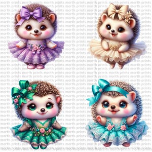 May include: Four cartoon hedgehogs wearing dresses and bows. The hedgehogs are wearing purple, beige, green, and blue dresses. Each hedgehog has a different colored bow on its head.