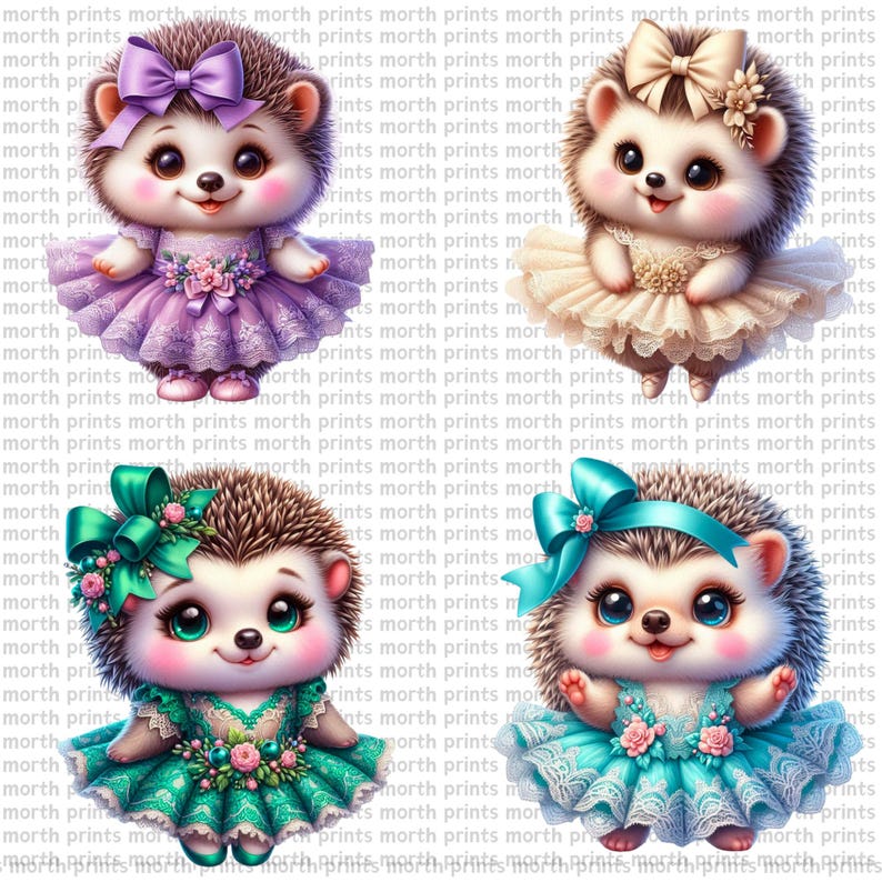 May include: Four cartoon hedgehogs wearing dresses and bows. The hedgehogs are wearing purple, beige, green, and blue dresses. Each hedgehog has a different colored bow on its head.