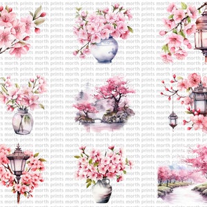 May include: A digital collage of watercolor illustrations featuring pink cherry blossoms, lanterns, and a Japanese garden scene. The images are arranged in a grid pattern and are perfect for crafting projects or digital scrapbooking.