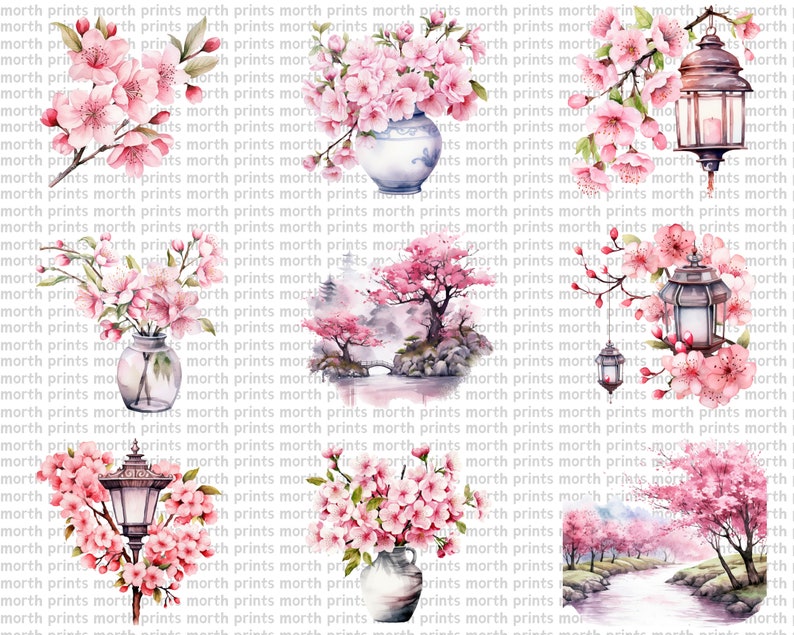 May include: A digital collage of watercolor illustrations featuring pink cherry blossoms, lanterns, and a Japanese garden scene. The images are arranged in a grid pattern and are perfect for crafting projects or digital scrapbooking.