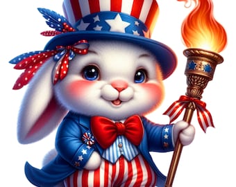 Patriotic Rabbit Clipart PNG, USA 4th of July Bunny with Flag, Independence Day Bundle, Transparent Background, Sublimation, Commercial Use
