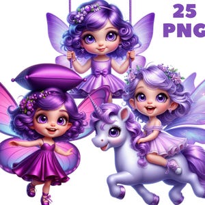 Purple Fairy Clipart PNG – 25 Cute Fantasy Fairies with Wings and Dresses, Magical Characters for Kids Crafts & Cards, Instant Download