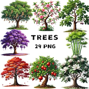 29 PNG arbres Clipart, clipart arbre coloré peint, arbre, feuilles, clipart printemps, illustrations, téléchargement immédiat pour un usage commercial