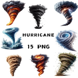 May include: A collection of 15 digital images depicting various hurricane and tornado designs. The images feature different colors, including black, white, blue, red, and orange. The designs are stylized and abstract, resembling swirling clouds and wind.