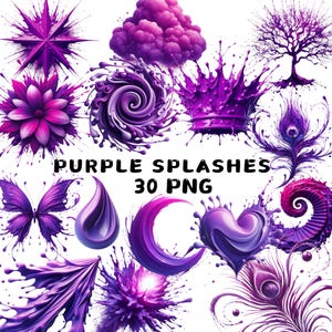 Imágenes prediseñadas de salpicaduras moradas, PNG de tinta con alcohol, gráficos de salpicaduras vibrantes, salpicaduras de pintura para manualidades e impresiones, fondos, uso comercial
