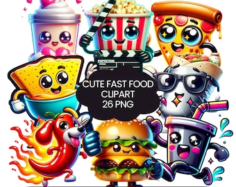 Lindos cliparts de comida rápida, snacks y bebidas kawaii, hamburguesas, pizzas, palomitas de maíz, refrescos, pegatinas para manualidades infantiles, uso comercial.