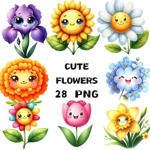 Clipart di fiori carini, fiori primaverili, Clipart di girasoli colorati carini, rosa, tulipano, giglio, illustrazioni grafiche, uso commerciale