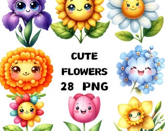 Cute Flowers Clipart, Colorful Spring Floral PNG for Stickers, Cards, Crafts, Instant Download, Kawaii Sublimation Designs, Commercial Use