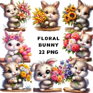 Aquarel konijntjes met bloemen clipart, 22 png, bunny clipart, cute Bunny clipart, Spring Bunnies clipart, Floral clipart, commercieel gebruik