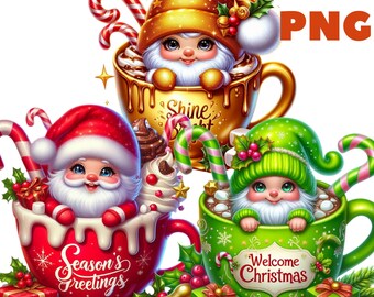 May include: Festive digital illustration featuring three gnome characters in mugs of hot chocolate. The gnomes wear Santa and elf hats, surrounded by candy canes, gifts, and the text "Season's Greetings", "Shine Bright", and "Welcome Christmas".