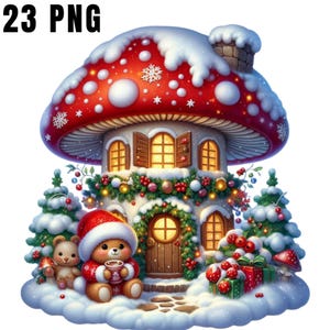 Christmas Mushroom House Clipart PNG – Festive Toadstool Home with Snow & Lights, Watercolor Style, Digital Download for Cards, mushroom png