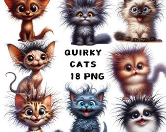 Quirky Cat Clipart, Roliga Akvarell Katt PNG-bilder, Nyckfulla Kattungeklistermärken för Kort och Dekor, Utskrivbar Husdjurskonst, Kommersiellt Bruk