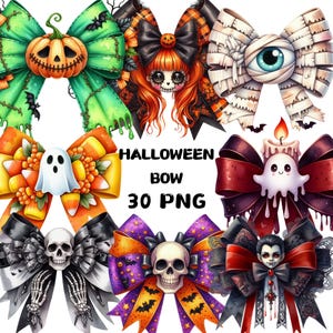 以下が含まれることがあります： ハロウィーンをテーマにしたリボンのコレクション。カボチャ、不気味な人形、ミイラの目、幽霊、コーンキャンディー、ろうそくの幽霊、骸骨、吸血鬼など、さまざまなデザインがあります。「HALLOWEEN BOW 30 PNG」というテキストも含まれています。