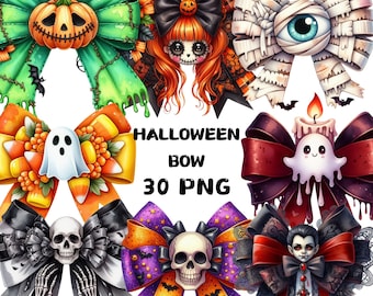 Halloween Bow Clipart PNG, Watercolor Ghost Pumpkin Bat Ribbons, Spooky Coquette Style Stickers for Cards Hair Bows Decor, Commercial Use