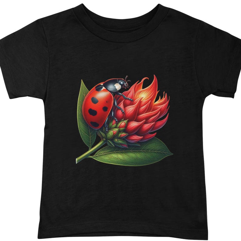 May include: A black t-shirt with a red ladybug on a red flower with green leaves.