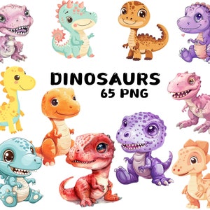 65 imágenes prediseñadas de dinosaurios de dibujos animados en acuarela, dinosaurio bebé, dinosaurio lindo y divertido, ilustraciones, descarga instantánea para uso comercial