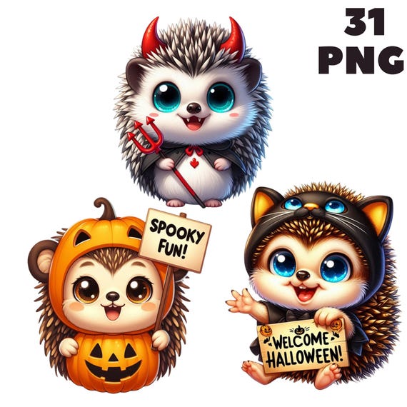 Halloween Hedgehog Clipart PNG, Spooky Costumes, Pumpkins & Bats, 31 PNG File, Spooky Cute, Transparent Background, Stickers, Commercial Use