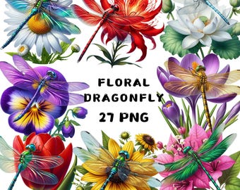 Watercolor Floral Dragonfly Clipart, Delicate Insect PNG, Garden Stickers for Cards & Shirts, Nature Decor Printables, Commercial Use