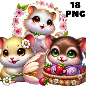 18 PNG Spring Hamster Clipart, Animales lindos, Clipart de primavera, Paquete de animales, Hámster lindo, Descarga instantánea para uso comercial