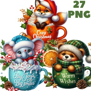 27 PNG, lot de cliparts animaux cacao chaud, clipart animaux d'hiver, dessins d'animaux, dessins de Noël hiver, usage commercial, téléchargement numérique