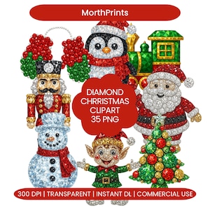 Puede incluir: Una colección de imágenes prediseñadas navideñas de diamantes con un cascanueces, un pingüino, un muñeco de nieve, un elfo, Papá Noel y un árbol de Navidad. Las imágenes prediseñadas están en un estilo brillante, similar a una gema, con el texto "DIAMOND CHRRISTMAS CLIPART 35 PNG".
